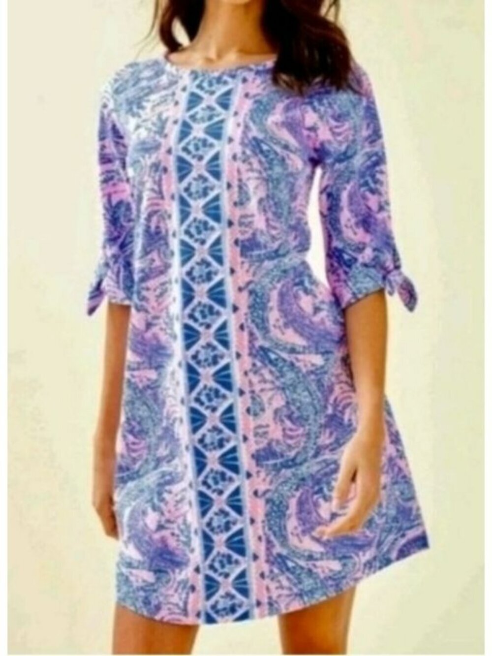 Lilly Pulitzer Dress Size XS Pink & Blue Printed 3/4 Sleeve Pima Cotton